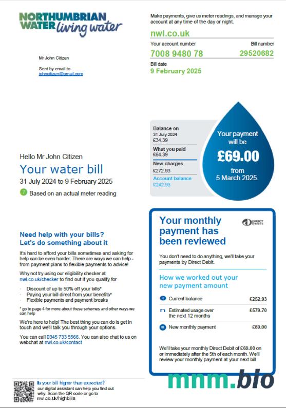United Kingdom Northumbrian Water rachunek za media template in Word i PDF formats, version 2